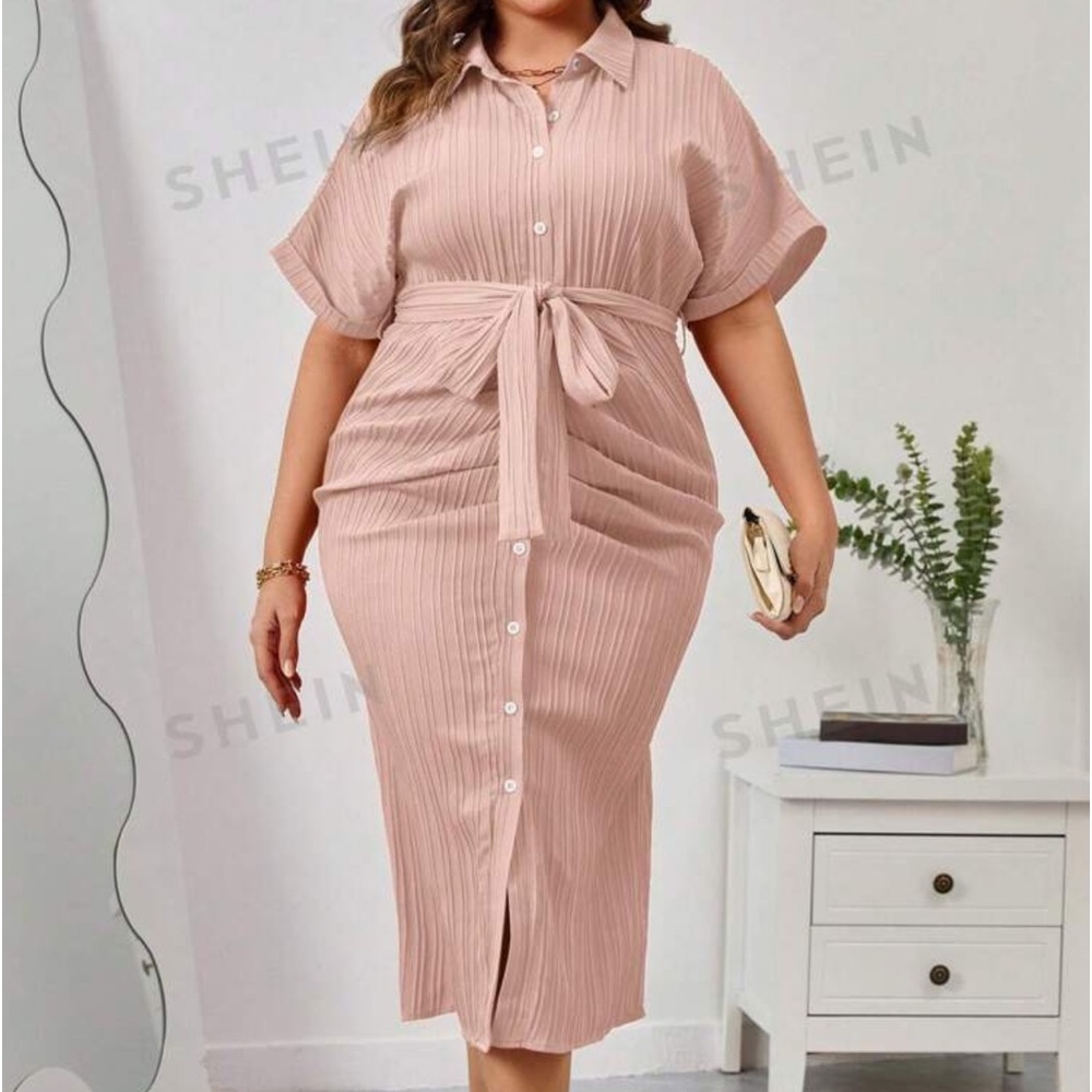 PLUS SIZE Batwing Sleeve Belted Shirt Dress in Pink